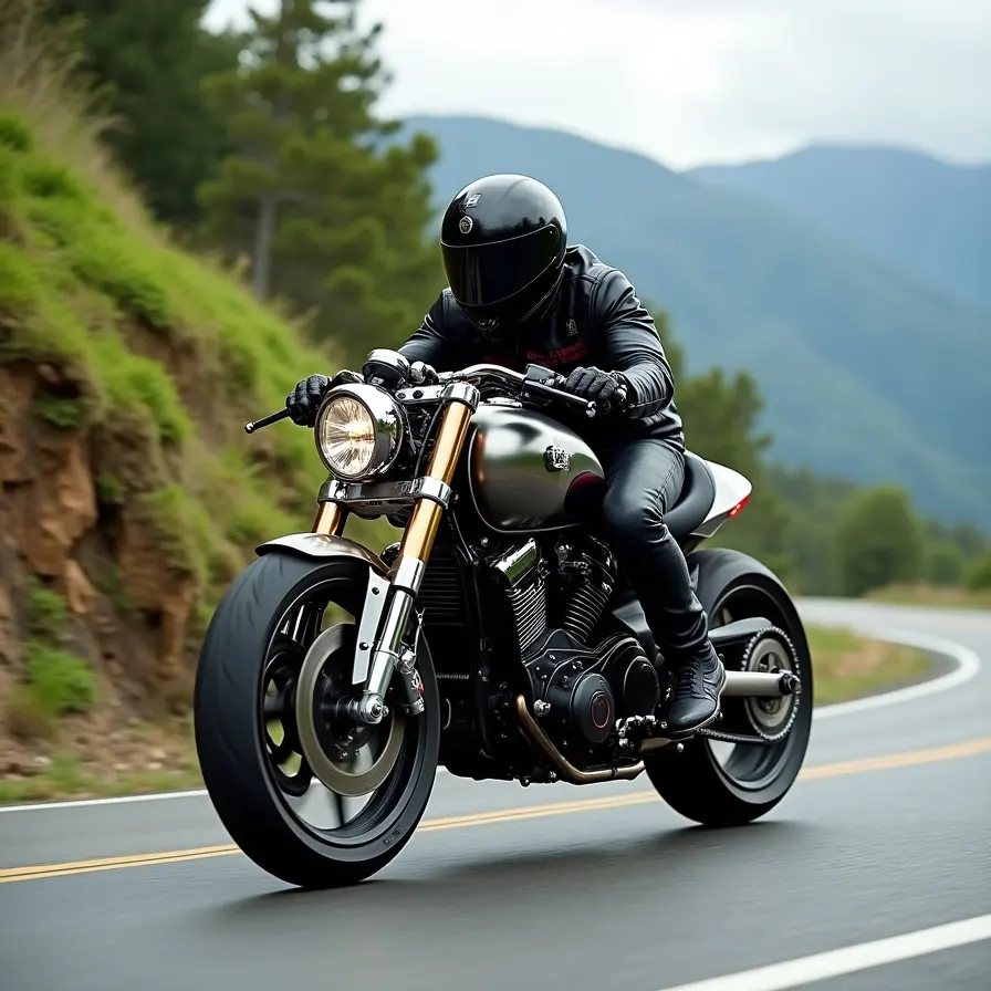 Motociclista conduciendo una moto custom por una carretera de montaña 