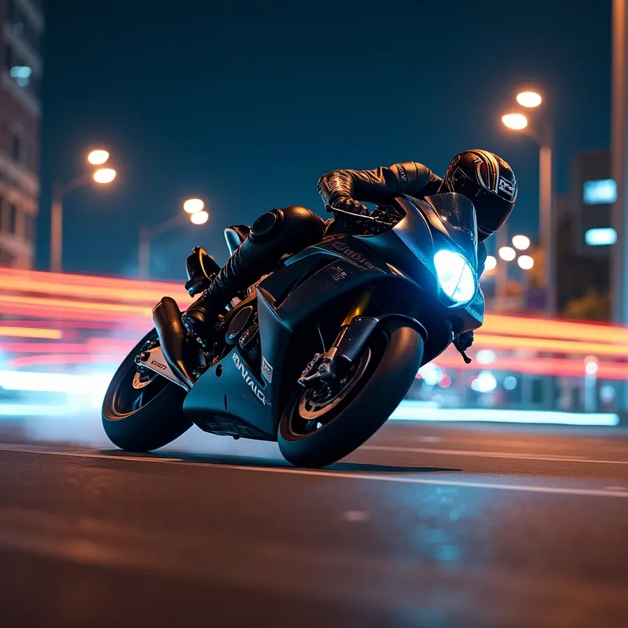 Motociclista conduciendo una moto deportiva en una ciudad por la noche